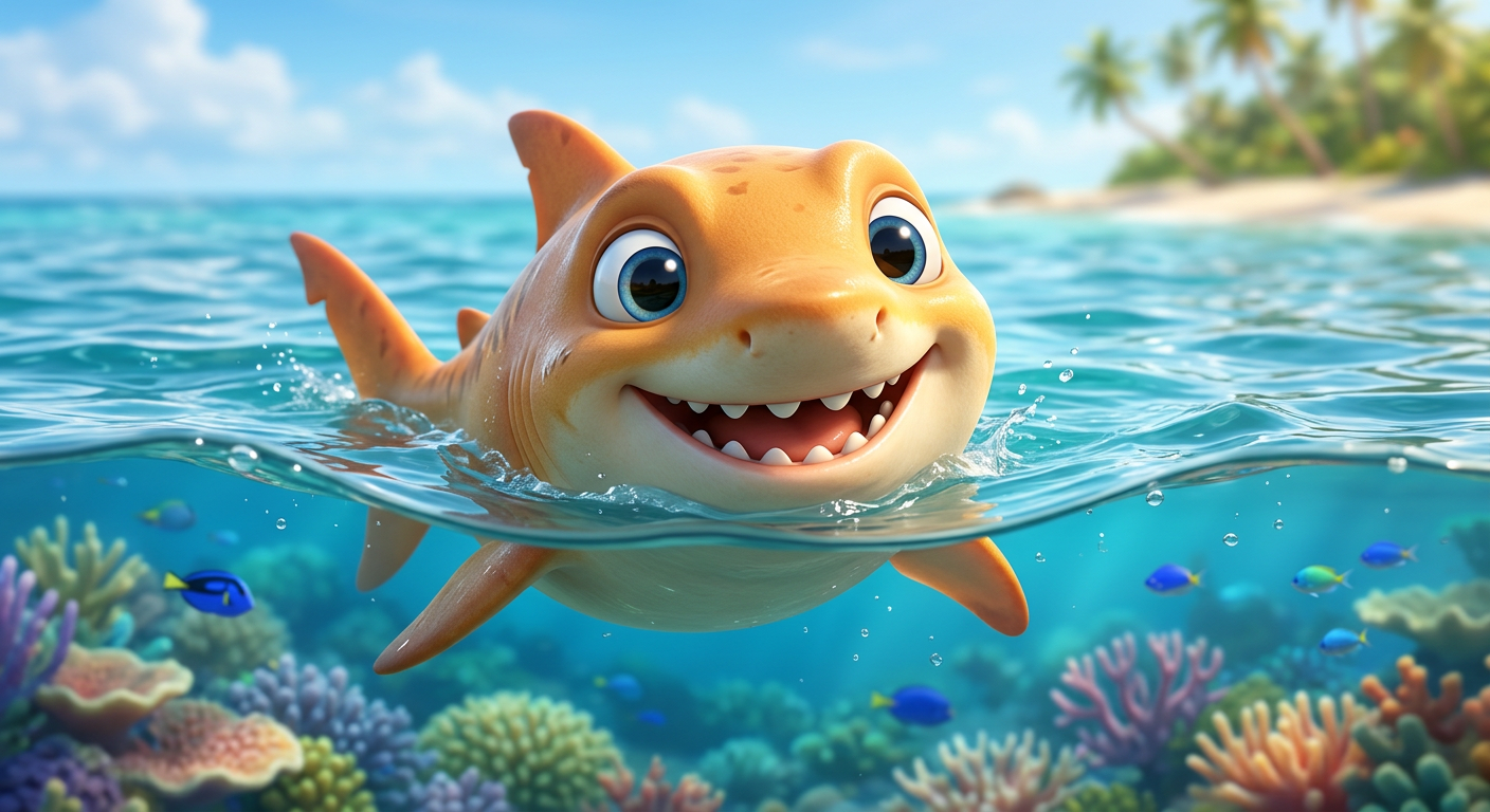 Leo the young lemon shark smiling in the lagoon