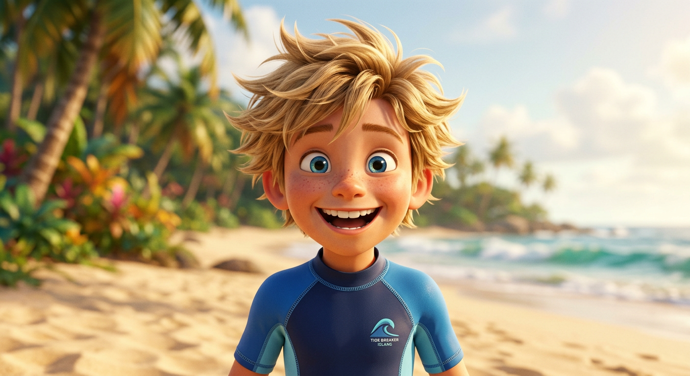 Maverick smiling in the water beside the paddleboard