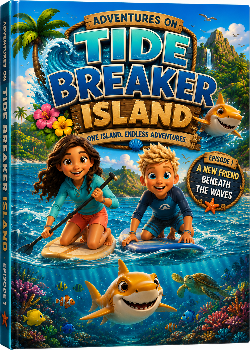 Tide Breaker Island — Book One: The Friendship Arch cover with official logo, Kayla, Maverick, and Leo